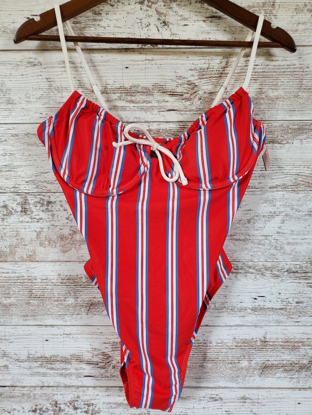 NWT No Boundaries Striped Underwire One Piece Swimsuit Red White Blue High Cut
